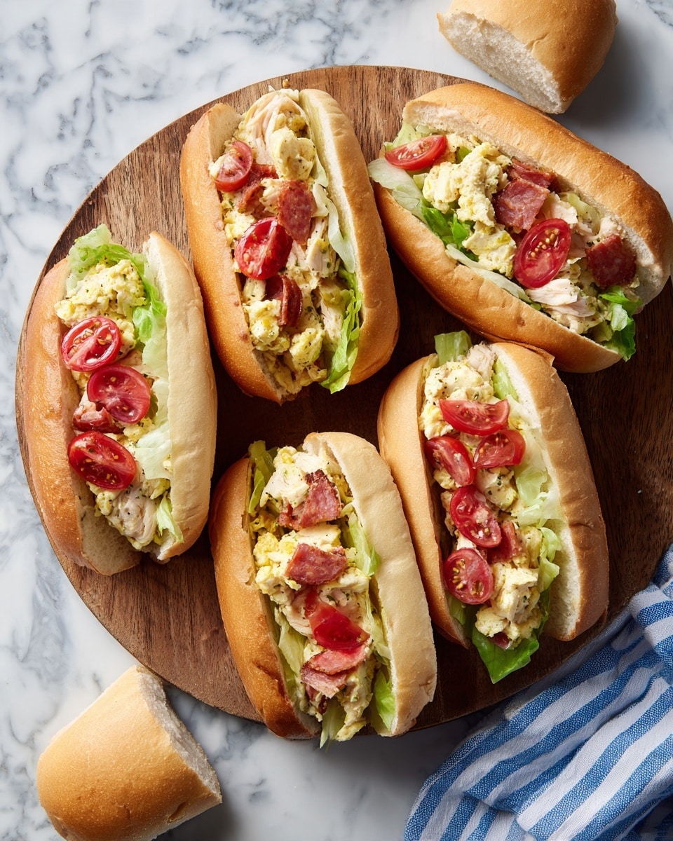 The image shows four sandwiches on a round wooden board placed on a white marbled surface. Each sandwich is made with a soft, light brown bun split open to hold a colorful filling. The bottom layer of the filling consists of shredded lettuce mixed with small diced pieces of what looks like chicken and slices of bright red cherry tomatoes. There are also thin slices of reddish pepperoni mixed inside, adding red and brown tones. The filling has a creamy, lightly green sauce giving it a slightly wet texture. Three additional whole buns are placed around the board, and a blue and white striped cloth is partially visible at the bottom right. The lighting is soft and natural, showing texture on the wood and the fresh look of the sandwiches. Photo taken with an iphone --ar 4:5 --v 7