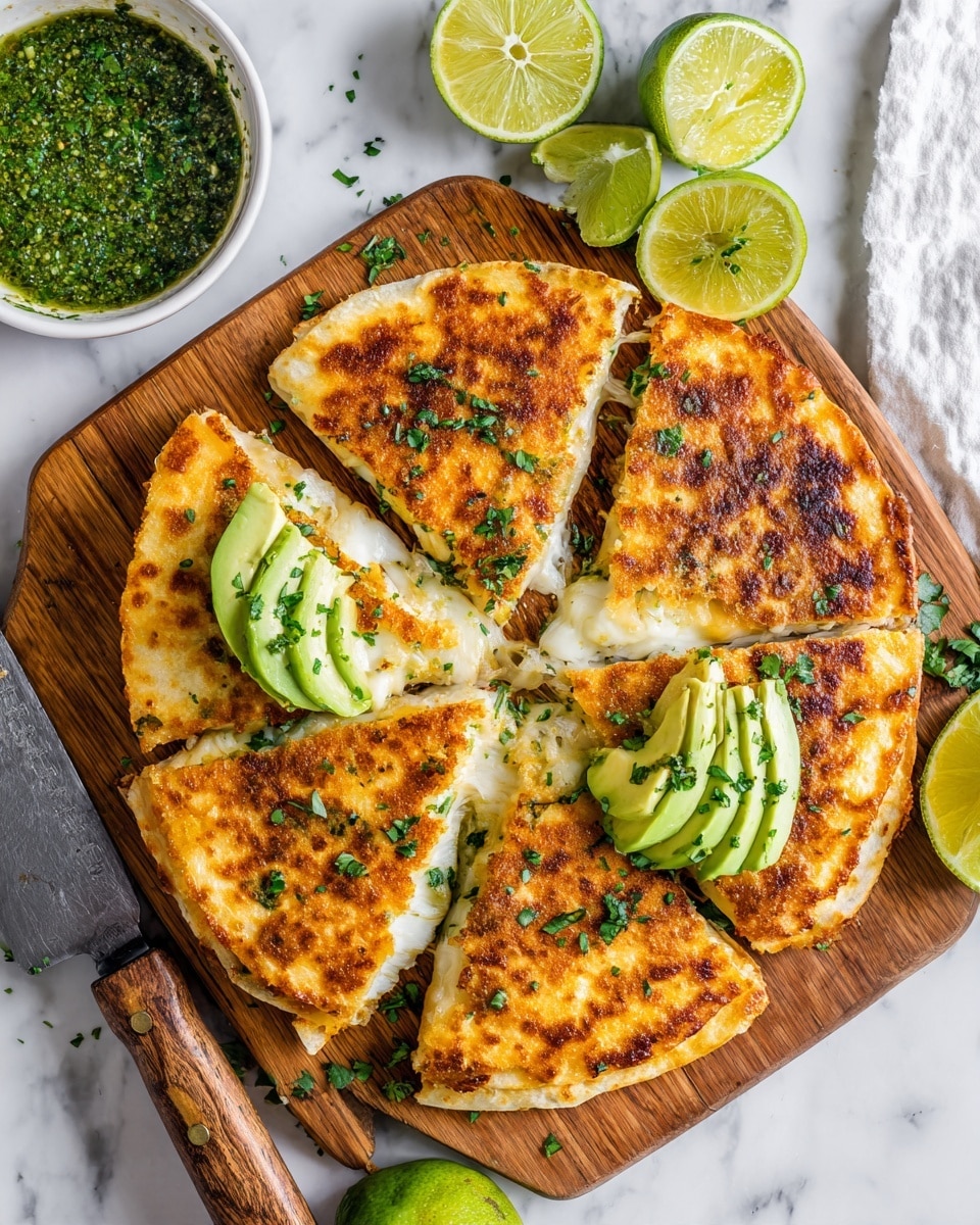 A sliced quesadilla is shown on a rustic wooden board, each slice toasted golden brown with slightly crispy edges and a soft texture inside. On top of three slices, there are thin slices of green avocado arranged in a neat fan shape with small green herb pieces scattered over them. To the right of the board, there are several lime wedges, bright green and fresh looking, and a knife with a wooden handle lies nearby. At the top left, a white bowl with green herb sauce is partly visible. The whole setup is on a white marbled surface. photo taken with an iphone --ar 4:5 --v 7