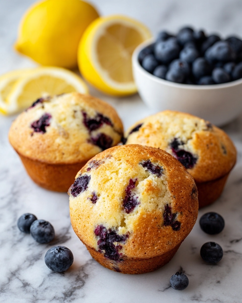The image shows a close-up view of four round blueberry muffins with a golden brown top scattered with dark purple blueberries. The muffins have a slightly uneven, soft texture on top, indicating moist interiors. Around the muffins, several fresh blueberries are scattered on a white marbled surface. On the right side, a white speckled bowl filled with fresh blueberries is partly visible, and two lemon halves with bright yellow rinds and juicy, glossy interiors are placed near the muffins and bowl. The overall scene has a fresh, clean look with natural light highlighting the muffins and fruit. photo taken with an iphone --ar 4:5 --v 7
