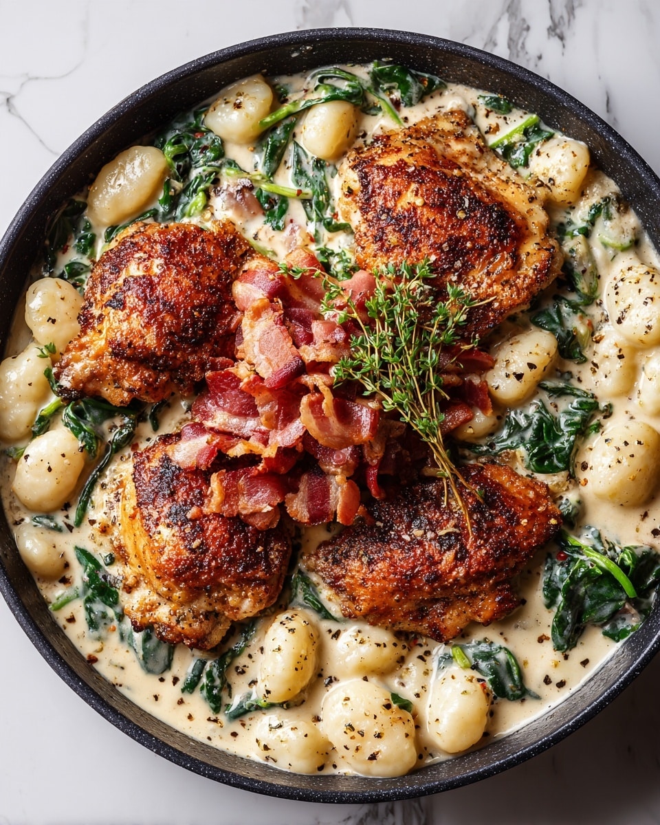 The dish is shown in a black pan on a white marbled surface, full of five browned pieces of chicken with crispy skin, sitting in a creamy white sauce. Around the chicken, there are several white gnocchi pieces and wilted dark green spinach mixed into the creamy sauce. On top and in the middle, there are many small red pieces of crispy bacon, and a small green sprig of thyme lies on top of the bacon, adding a fresh contrast. The creamy sauce has a smooth texture with a slight shine, and the whole dish looks warm and rich. Photo taken with an iphone --ar 4:5 --v 7