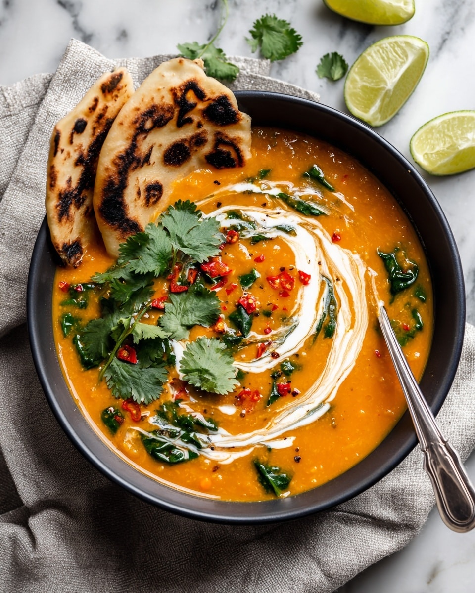 A black bowl filled with thick orange lentil soup that has bits of green spinach mixed in, topped with a swirl of white coconut cream, small pieces of red chili, and chopped fresh green cilantro. On the left edge of the bowl, two pieces of toasted flatbread with dark char marks rest partly inside. A silver spoon is placed in the soup on the right side of the bowl. The bowl sits on a folded light gray cloth on a white marbled surface, with a halved lime and cilantro leaves scattered nearby. photo taken with an iphone --ar 4:5 --v 7