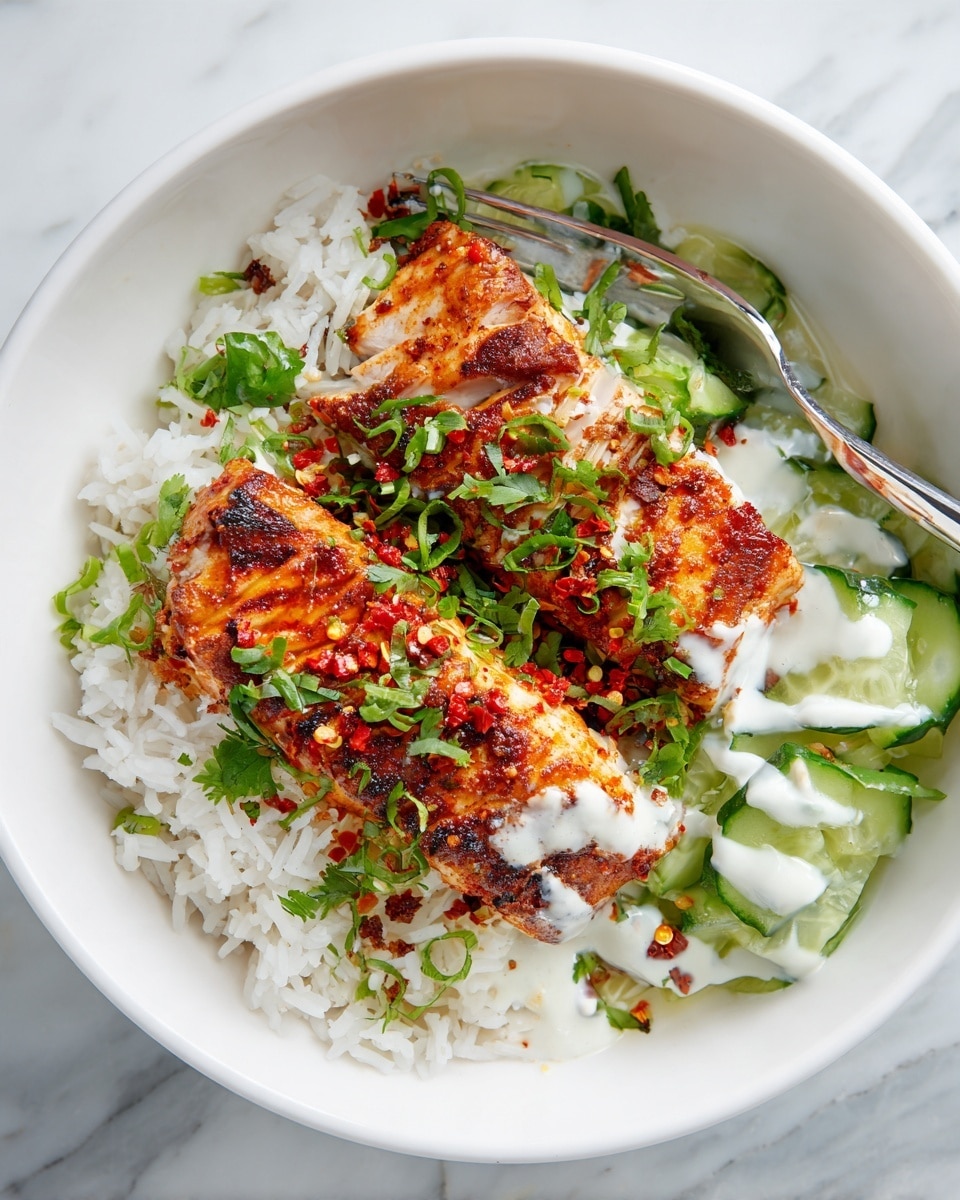 The dish shows three reddish-brown spiced salmon pieces placed on a bed of fluffy white rice in a white bowl. On the top of the salmon, there are thin white sauce drizzles and sprinkled chopped fresh green herbs, with red chili flakes scattered around. At the back, sliced green cucumbers mixed with chopped herbs add a fresh layer. A silver fork rests on the side of the bowl, which sits on a white marbled surface. photo taken with an iphone --ar 4:5 --v 7