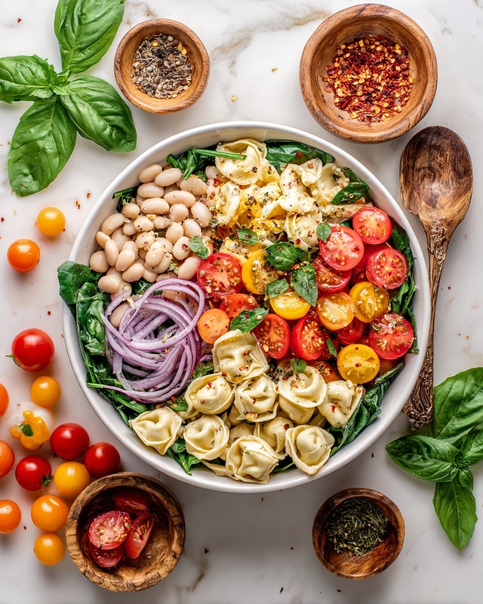 The dish is a white bowl filled with a colorful pasta salad. It has three main layers: the bottom layer is made of small white beans; the middle layer has yellow tortellini pasta mixed with halved red and yellow cherry tomatoes; the top layer includes fresh green basil leaves and thin slices of purple onion scattered over everything. A wooden spoon is placed inside the bowl. The bowl sits on a white marbled surface, surrounded by fresh basil leaves, whole red and yellow cherry tomatoes, and a small wooden bowl of red pepper flakes. Photo taken with an iphone --ar 4:5 --v 7