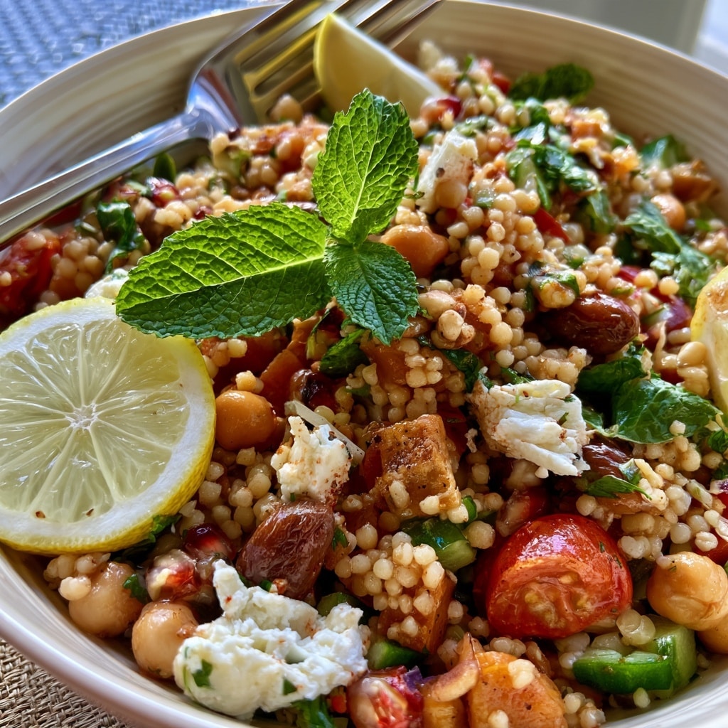 The image shows a bowl with a grain salad made of small round grains as the base layer, mixed with sliced cucumbers and halved cherry tomatoes in red and deep red colors. There are crispy golden chickpeas scattered on top, leafy green herbs like basil adding freshness, and small white chunks of cheese spread throughout. A pair of silver spoons rests inside the bowl. Around the bowl on a white marbled surface are loose cherry tomatoes, a small white plate with white cheese, lemon halves, fresh herbs, a small dish of sliced cucumbers, and a white bowl with a few tomatoes. Photo taken with an iphone --ar 4:5 --v 7