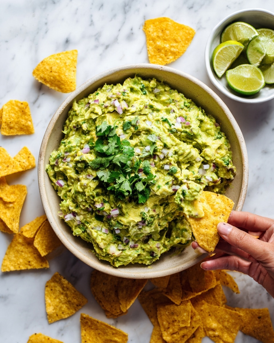 A white bowl filled with chunky green guacamole mixed with small purple onion bits and green cilantro leaves on top. The bowl is on a white marbled surface with golden yellow tortilla chips scattered around it. To the side, there is a smaller white bowl holding bright green lime wedges. A woman's hand is holding a tortilla chip dipped in the guacamole at the front of the image. Photo taken with an iphone --ar 4:5 --v 7