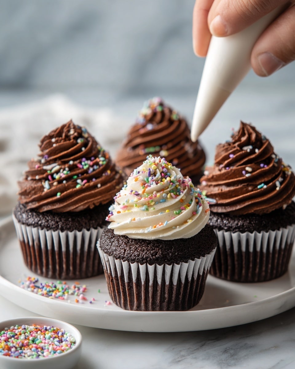 The image shows four chocolate cupcakes in white paper liners placed on a white bowl with a white marbled texture surface. Each cupcake has two layers: a dark brown cake base and a thick, smooth swirl of rich dark chocolate frosting on top. The frosting is decorated with colorful cylindrical sprinkles in pink, yellow, blue, green, orange, and white. A woman's hand squeezes a white piping bag to form the frosting swirl on the cupcake in the foreground, with the focus on the creamy texture and pointed spiral tip. The other three cupcakes are slightly blurred in the background, emphasizing the action of decorating the closest cupcake. photo taken with an iphone --ar 4:5 --v 7