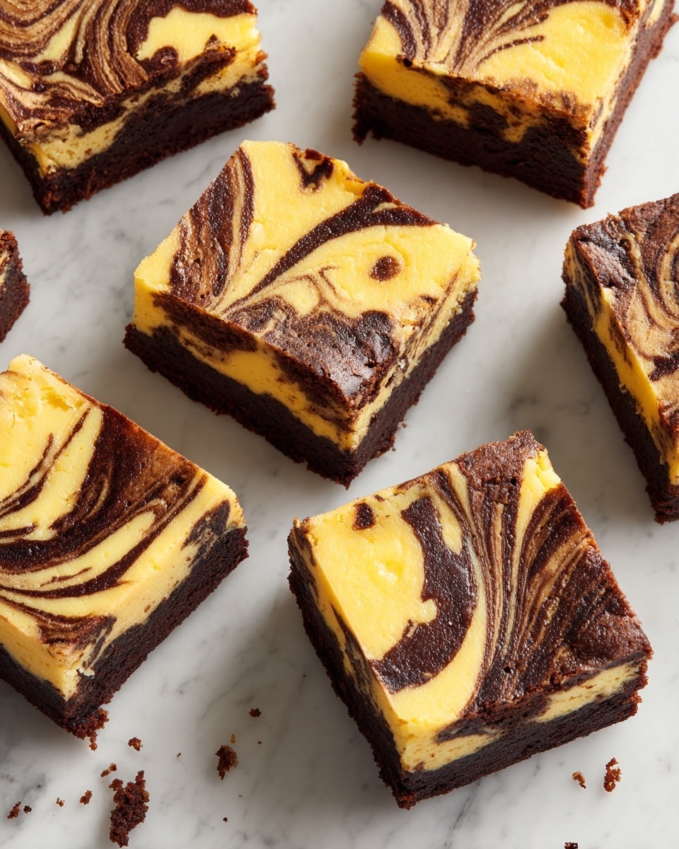 The image shows several square brownies arranged on a white marbled surface. Each brownie is a two-layer dessert with a dark brown chocolate base layer and a vibrant yellow layer on top, swirled with dark chocolate streaks in irregular patterns. The top layer has a smooth, creamy texture with visually appealing swirls that create a marbled effect. The brownies are cut evenly, and small crumbs are scattered around them on the surface. photo taken with an iphone --ar 4:5 --v 7