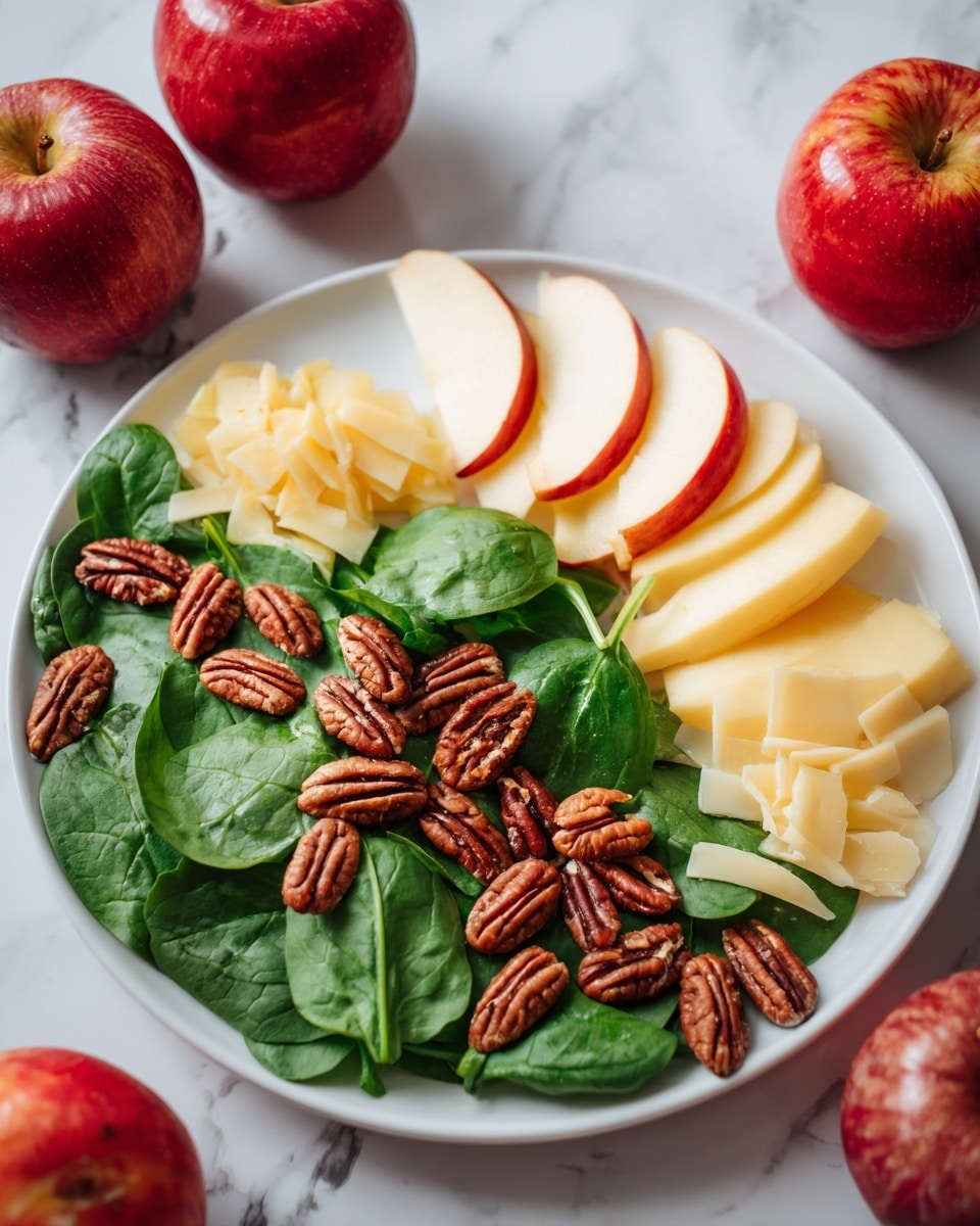 A white plate filled with fresh green spinach leaves as the base layer, topped with golden-brown caramelized apple slices arranged in a circular pattern around the center, scattered dark brown pecan nuts, and small clusters of creamy white cheese pieces unevenly spread over the salad. The plate is on a white marbled surface with a few whole red apples and green herbs around it. photo taken with an iphone --ar 4:5 --v 7