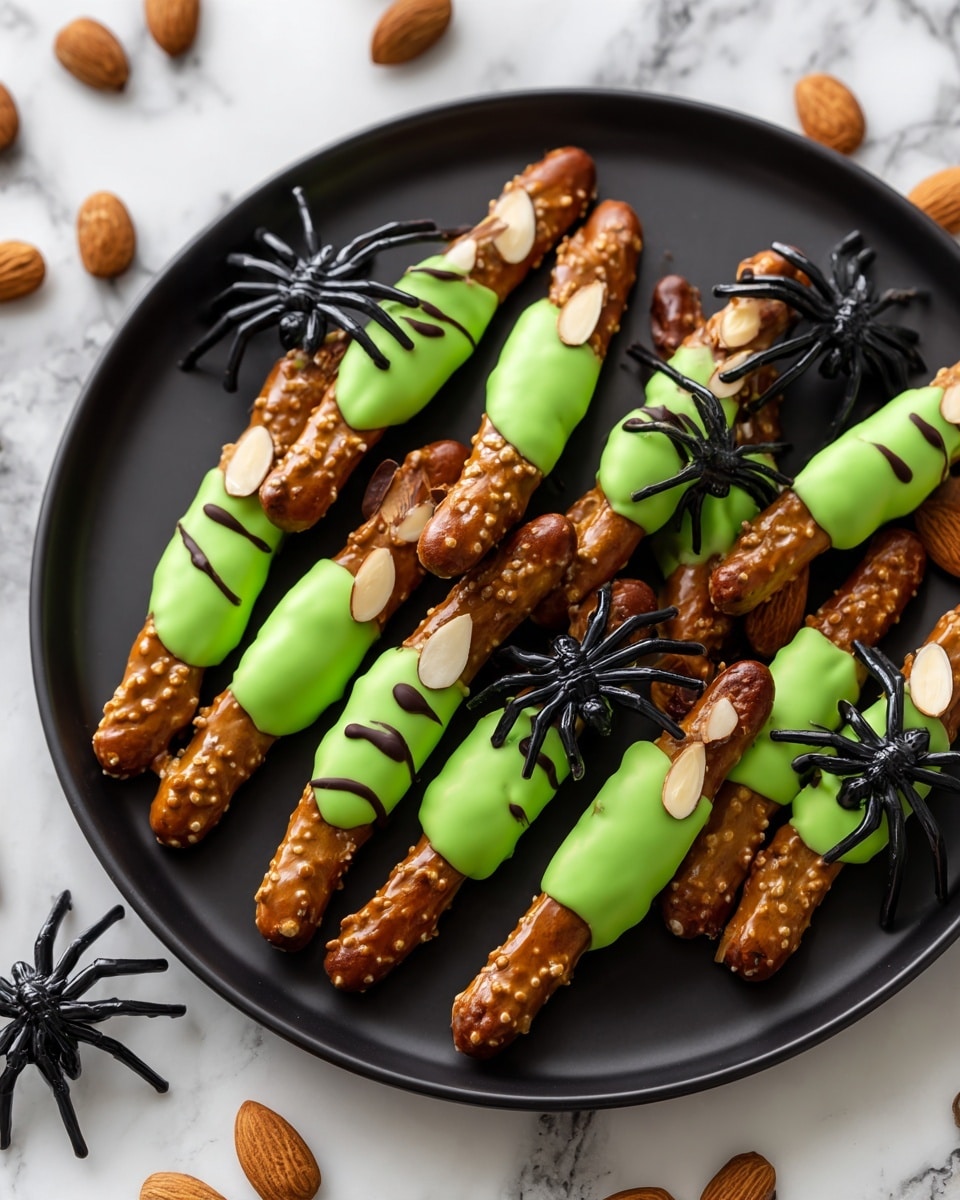 A black plate holds a pile of finger-shaped snacks made from brown pretzel sticks dipped in green coating covering most of their length, with the pretzel ends exposed as the finger tips. Each finger has an almond slice placed at the tip, resembling a fingernail, and has small curved lines pressed into the green coating to look like knuckles and skin wrinkles. A few small black plastic spiders are scattered around the plate and on the side near a black skeletal hand prop. The plate rests on a white marbled surface. photo taken with an iphone --ar 4:5 --v 7