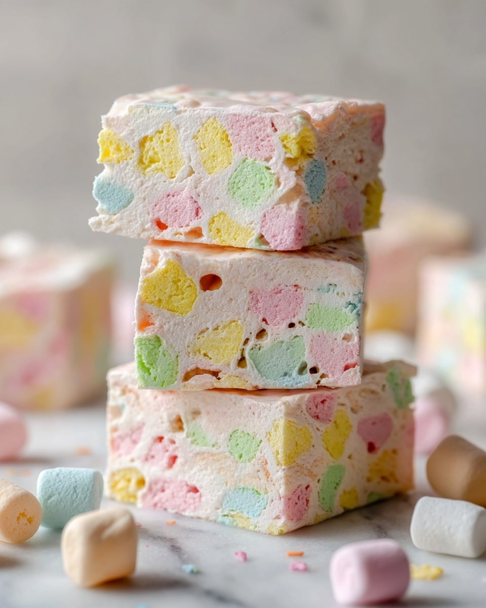 A stack of three square pieces of fudge with colorful marshmallows mixed in is shown in the center. Each piece has a thick layer of light brown fudge with pastel pink, green, yellow, and white marshmallow chunks scattered inside. The marshmallows have a soft, puffy texture contrasting with the smooth fudge. In the blurry background, more fudge pieces are scattered on a white marbled surface along with some marshmallows and butterscotch chips in a white bowl. The image is bright and close up, highlighting the chewy and creamy texture of the fudge. Photo taken with an iphone --ar 4:5 --v 7