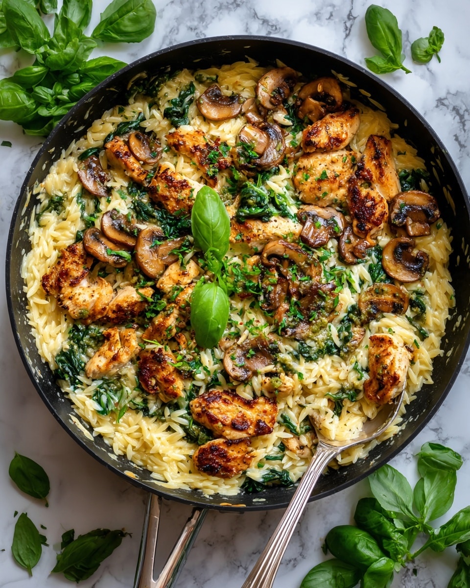 A close-up of a black skillet filled with a rich dish that has about three main layers: the bottom layer is creamy orzo pasta with a light golden sauce mixed with spinach leaves, the middle layer shows browned pieces of chicken with a slightly crispy texture, and scattered on top are slices of cooked mushrooms that are dark brown with soft edges. Dollops of green pesto sauce and fresh green basil leaves are spread across all layers, adding vibrant color contrasts. A silver spoon is placed inside the skillet, partially submerged in the pasta layer, while the skillet rests on a white marbled surface with loose spinach leaves and a mushroom nearby. Photo taken with an iphone --ar 4:5 --v 7