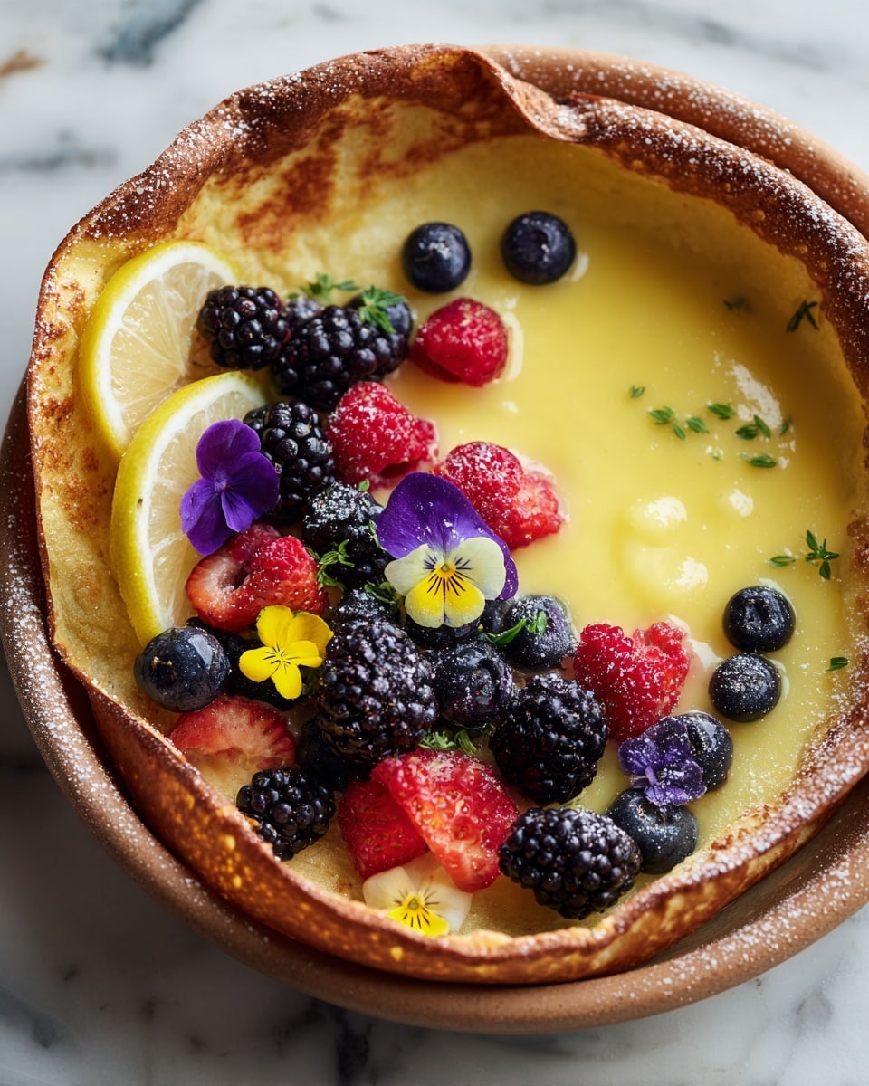 A thick golden-brown Dutch baby pancake sits in a black pan with edges puffed and crispy, folded irregularly around a smooth, glossy layer of bright yellow lemon curd in the center. On top of the curd, there is a colorful mix of fresh berries including blackberries, raspberries, and blueberries, scattered unevenly with some dusted lightly with powdered sugar. Thin lemon slices are arranged on the pancake’s surface, and small purple and white edible flowers are placed among the berries for decoration. The pan is set on a white marbled surface with a purple cloth partially visible around it, some lemon wedges on the side and a small white bowl containing lemon curd nearby. Photo taken with an iphone --ar 4:5 --v 7
