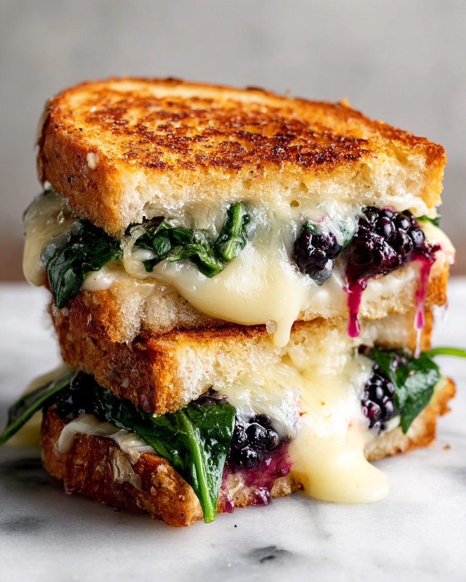 A sandwich cut into two stacked halves shows three thick layers: the top and bottom layers are golden brown toasted bread with a crispy texture, the middle layer has melted pale yellow cheese oozing out, with fresh green leafy spinach and dark purple-black blackberries scattered both inside and on top of the cheese. The bread exterior has some berry juice stains blending into the cheese layers. The sandwich sits on a wooden surface with some loose green leaves and blackberries around it, all against a white marbled background. Photo taken with an iphone --ar 4:5 --v 7