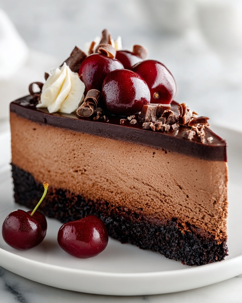 A slice of chocolate cheesecake with three layers sits on a white plate with a white marbled background. The bottom layer is dark and crumbly, the middle layer is thick and smooth milk chocolate mousse, and the top layer is a glossy chocolate ganache. The cheesecake is topped with bright red cherries, some whole with stems, some halved, and a few curls of dark chocolate. A small dollop of white cream peeks out under the cherries on top. Around the plate are a few more shiny whole cherries. photo taken with an iphone --ar 4:5 --v 7