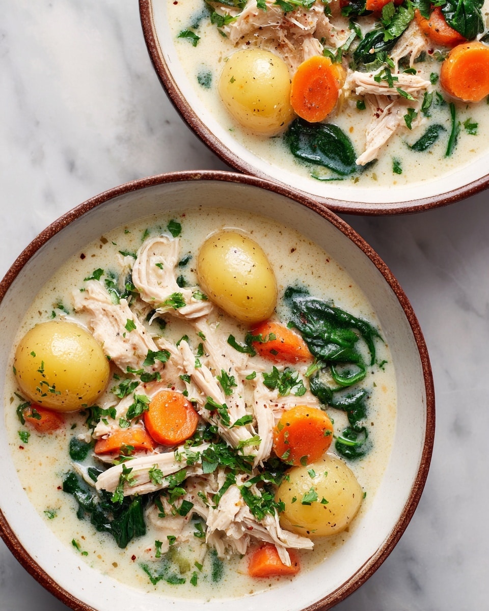 Two white bowls sit on a white marbled surface, filled with creamy soup containing soft, round gnocchi pieces that are light golden brown. Bright orange carrot slices and wilted dark green spinach leaves float in the creamy base. Shredded pale beige chicken is placed on top of the soup along with small green herb pieces scattered across. The light reflects softly off the creamy soup, showing a smooth texture with specks of black pepper. photo taken with an iphone --ar 4:5 --v 7