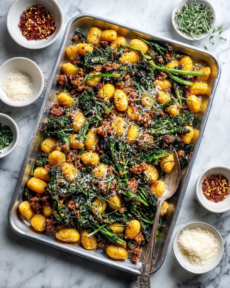 A tray filled with small, golden gnocchi pieces mixed with browned, crumbled sausage and dark green broccolini pieces scattered evenly throughout. The dish is topped with finely grated white cheese and small green parsley leaves, adding a fresh touch. The mix sits in a silver metal tray, set on a white marbled surface with a spoon resting on the tray's edge. Small white bowls with red pepper flakes and additional grated cheese are placed nearby. photo taken with an iphone --ar 4:5 --v 7