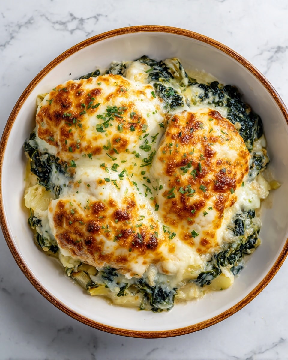 In a white bowl, there are three pieces of chicken topped with a golden-brown melted cheese layer that has browned spots and herbs sprinkled on top. Underneath the chicken, there is a bed of cooked spinach and artichoke pieces, which are creamy and mixed with small bits of onion. The creamy layer between the chicken and spinach looks smooth with a slightly crispy texture on the edges. The bowl sits on a white marbled surface. photo taken with an iphone --ar 4:5 --v 7