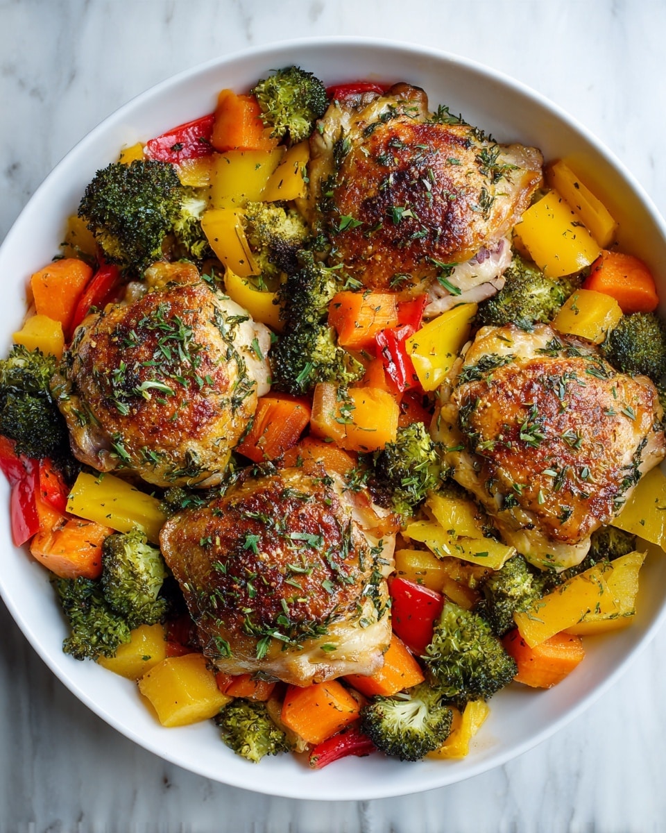 A white bowl filled with five pieces of cooked chicken thighs with golden brown, crisp skin sprinkled with green herbs, resting on a bed of vibrant roasted vegetables. The vegetables include green broccoli florets with slight char, orange and red bell pepper chunks, and yellow potatoes cooked to a soft texture with some browning on the edges. The colors are warm and rich, giving a fresh and savory look, all set on a white marbled surface. photo taken with an iphone --ar 4:5 --v 7