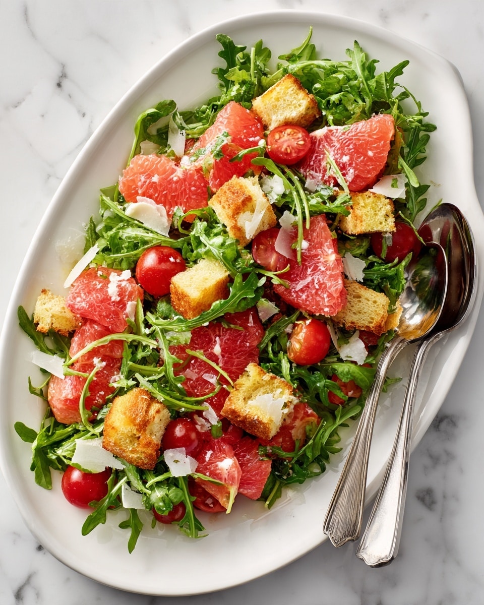A colorful salad on a white oval plate sitting on a white marbled surface, with three layers of ingredients visible: the first layer is bright red cherry tomato halves scattered evenly, the second layer is fresh green arugula leaves that look crisp and leafy, and the third layer includes juicy pink grapefruit slices and light golden croutons with a crunchy texture, all mixed together. Two silver forks rest on the right side of the plate. photo taken with an iphone --ar 4:5 --v 7