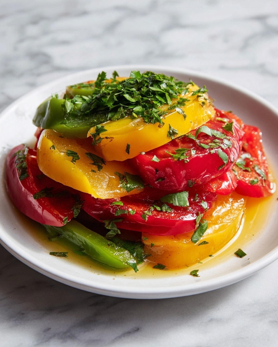A white plate sits on a white marbled surface, filled with a colorful stir-fry of sliced bell peppers and onions. The dish has three main layers: the bottom layer is made of sautéed onions, soft and golden brown; the middle layer shows bright green and red bell pepper strips, tender but still vibrant; the top layer features yellow bell pepper strips mixed with fresh green parsley leaves sprinkled in the center. The overall texture is slightly shiny from cooking with a light sauce, making the colors pop vividly. photo taken with an iphone --ar 4:5 --v 7