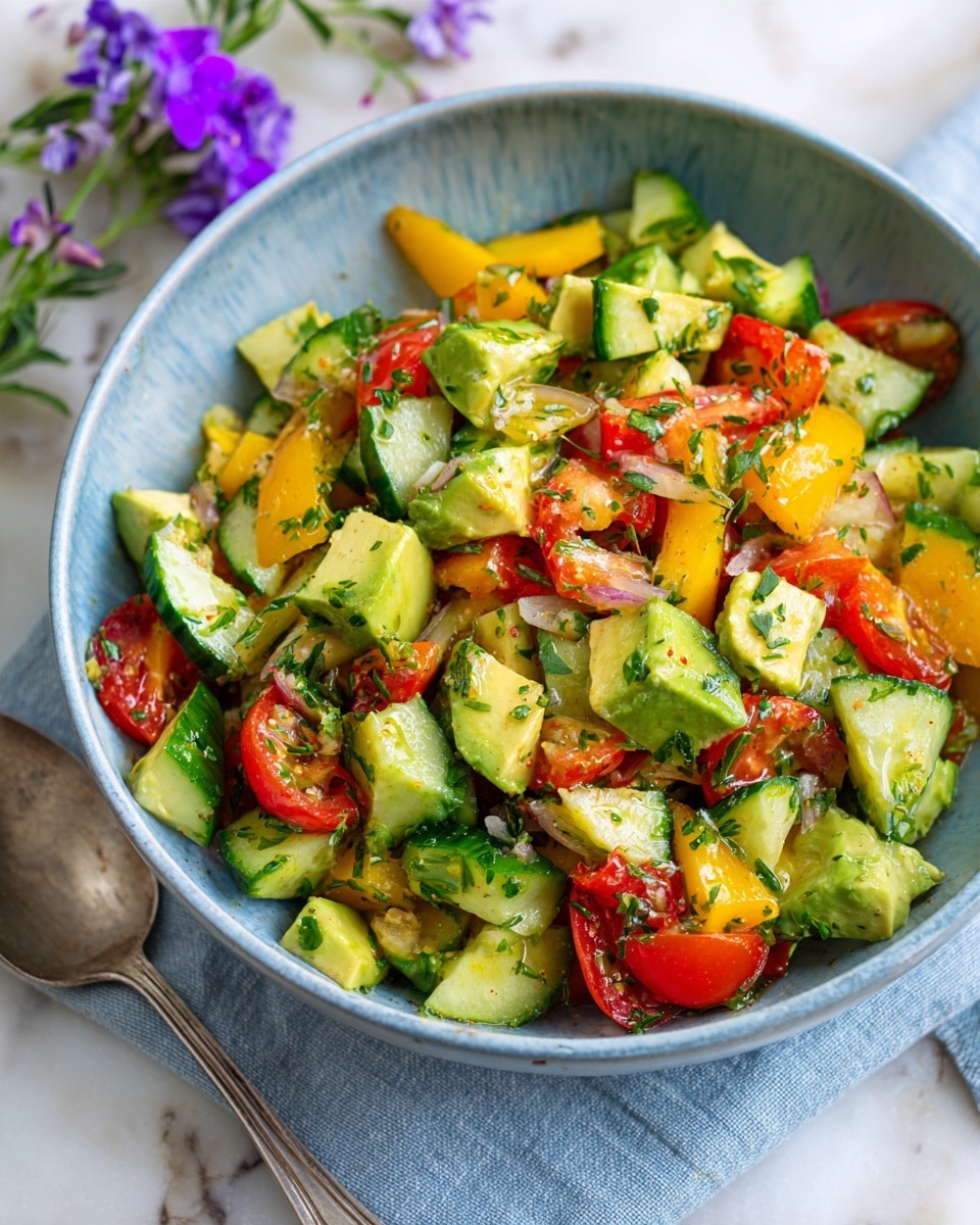 A close-up view of a colorful salad in a white bowl, filled with chunky pieces of green avocado, yellow bell pepper, red tomato, and sliced cucumber mixed with green herbs. The surface around the bowl is a white marbled texture with a fringed teal cloth underneath. The bowl holds a mix of soft and crisp textures, with the bright colors of the vegetables standing out. Photo taken with an iphone --ar 4:5 --v 7