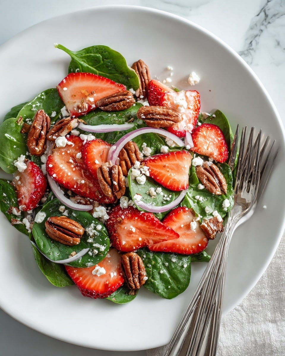 A white bowl filled with a fresh salad on a white marbled surface with a black and white checkered cloth nearby. The salad has three main layers: a base of dark green spinach leaves, a middle layer of bright red sliced strawberries, and a top layer with whole brown pecans, thin rings of white onion, and small white crumbles of cheese. Two silver forks rest on the right side of the bowl, partially inside the salad. photo taken with an iphone --ar 4:5 --v 7
