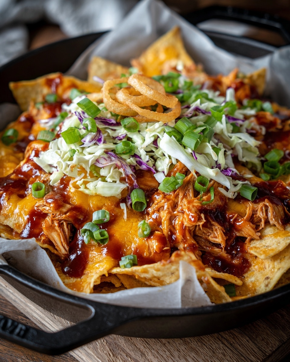 A black round cast iron pan lined with white paper holds a large pile of nachos, starting with a base layer of crispy golden yellow tortilla chips. On top, melted creamy yellow cheese covers many chips, with shredded brown pulled chicken scattered evenly across. A colorful mix of finely shredded white and purple cabbage adds a fresh, crunchy layer in the middle. Crispy golden fried onion rings are placed on top, mixed with small chopped green onions. Rich dark brown barbecue sauce is drizzled over everything, creating a glossy finish. The pan sits on a rustic wooden surface, and the background has a white marbled texture. Photo taken with an iphone --ar 4:5 --v 7