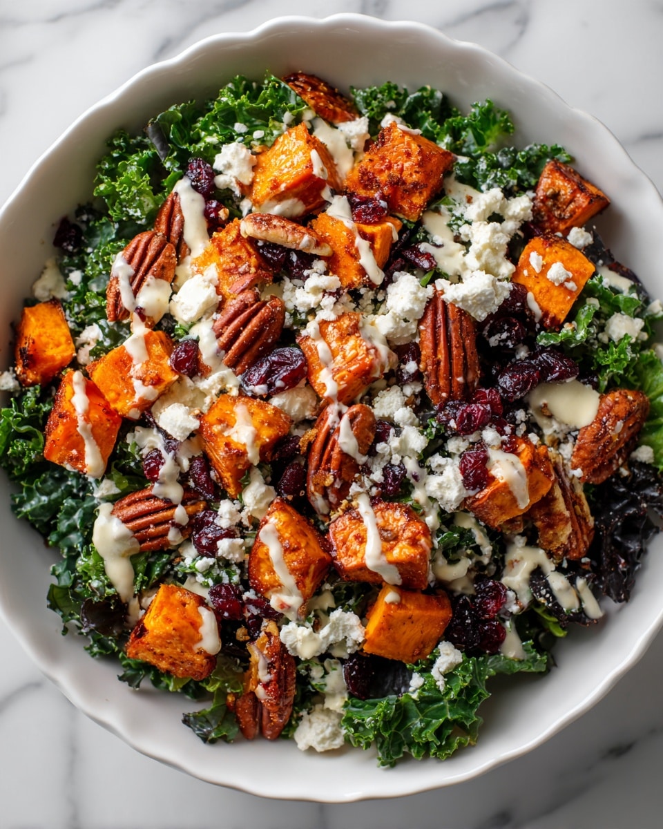 This image shows a salad in a white scalloped bowl placed on a white marbled surface. The bottom layer is dark green kale leaves that look fresh and slightly wilted. On top of the kale, there are bright orange roasted sweet potato cubes, some with charred edges, mixed with brown toasted pecans. Scattered among these are small white chunks of cheese and dark red dried cranberries. The salad is drizzled with a creamy light beige dressing in thin, uneven lines. In the background, there is a partial view of a whole sweet potato and small white bowls containing coarse salt and black pepper. photo taken with an iphone --ar 4:5 --v 7