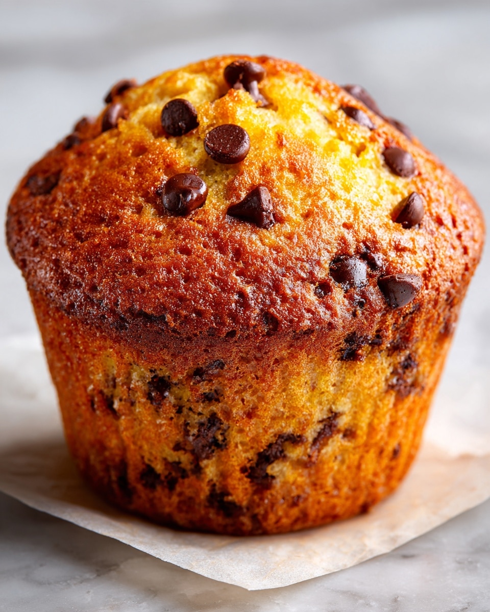 A close-up of a single chocolate chip muffin with a golden brown top that is slightly domed and textured, studded with melted dark chocolate chips. The muffin body has a moist, crumbly texture with visible chocolate chips inside. It sits on a white square piece of parchment paper, which rests on top of another muffin visible at the bottom edge. The background is soft and blurred, with a white marbled texture surface partially visible. photo taken with an iphone --ar 4:5 --v 7