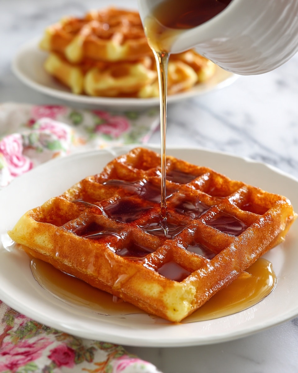 A golden-brown waffle is placed on a white plate, showing a grid of deep square pockets with a slightly crisp texture on the edges. A stream of syrup is being poured over the waffle, filling the pockets and glistening with a rich amber color, creating a shiny wet surface over the warm waffle. In the background, another waffle sits on a white plate, slightly blurred. The scene is set on a white marbled surface with a hint of a purple and white patterned cloth below the plate. photo taken with an iphone --ar 4:5 --v 7