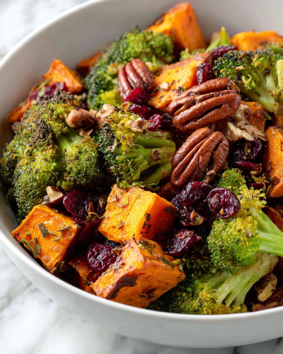 A white round bowl filled with a mix of roasted orange sweet potato cubes and small green broccoli florets, slightly browned on the edges. The vegetables are scattered with whole brown pecans and dark red dried cranberries, giving a mix of crunchy and chewy textures. The bowl rests on a white marbled surface. photo taken with an iphone --ar 4:5 --v 7