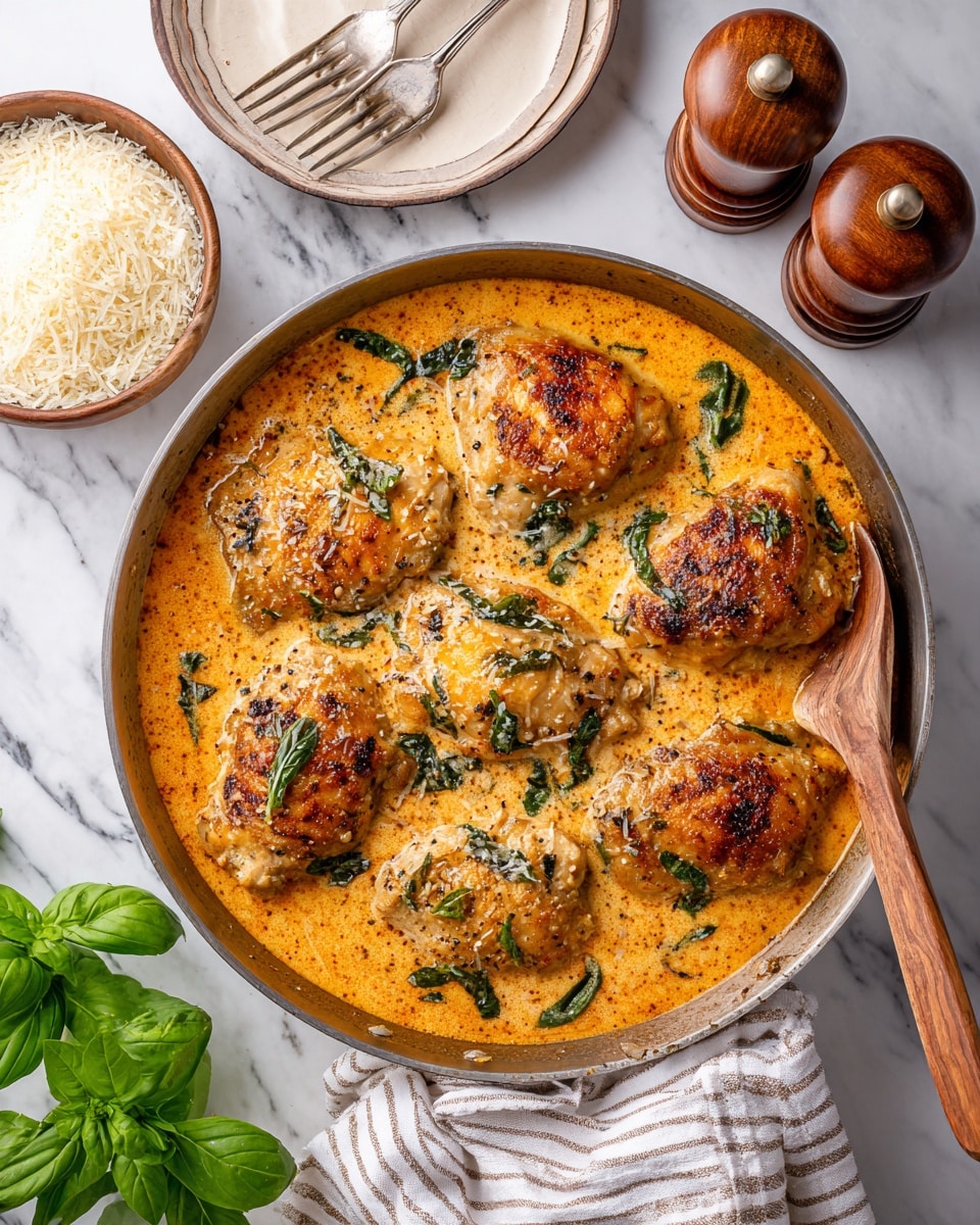 A large round pan filled with five browned chicken pieces in a rich, creamy orange sauce with visible herbs and small spinach leaves mixed throughout. Fresh green basil leaves are sprinkled on top of the chicken, adding a fresh contrast to the warm colors of the sauce. A wooden spoon rests inside the pan on the right side, partially covered in sauce. Around the pan, there is a white bowl filled with grated cheese, two brown spice mills, fresh basil leaves, and a white plate with a fork and knife resting on a striped cloth. The whole scene is set on a white marbled surface, showing a cozy and hearty meal. Photo taken with an iphone --ar 4:5 --v 7