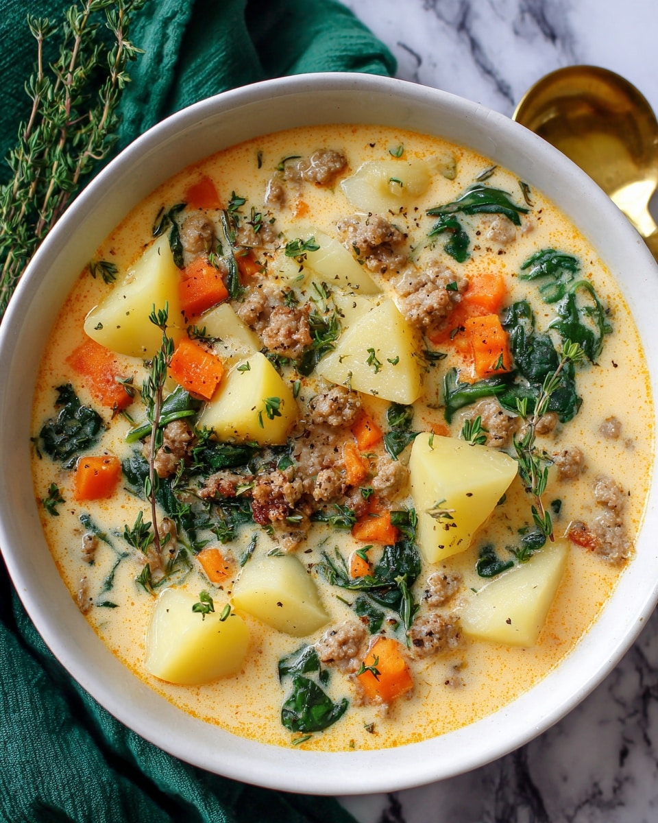 A white bowl filled with a creamy orange soup with three main layers: the base is a smooth, orange broth; floating in it are chunks of light yellow potatoes and small orange carrot cubes; the top layer has crumbled light brown ground meat mixed with dark green spinach leaves and fresh green herbs sprinkled all over, including some thyme sprigs standing up. The bowl sits on a white marbled surface with a green cloth and golden spoon nearby. photo taken with an iphone --ar 4:5 --v 7