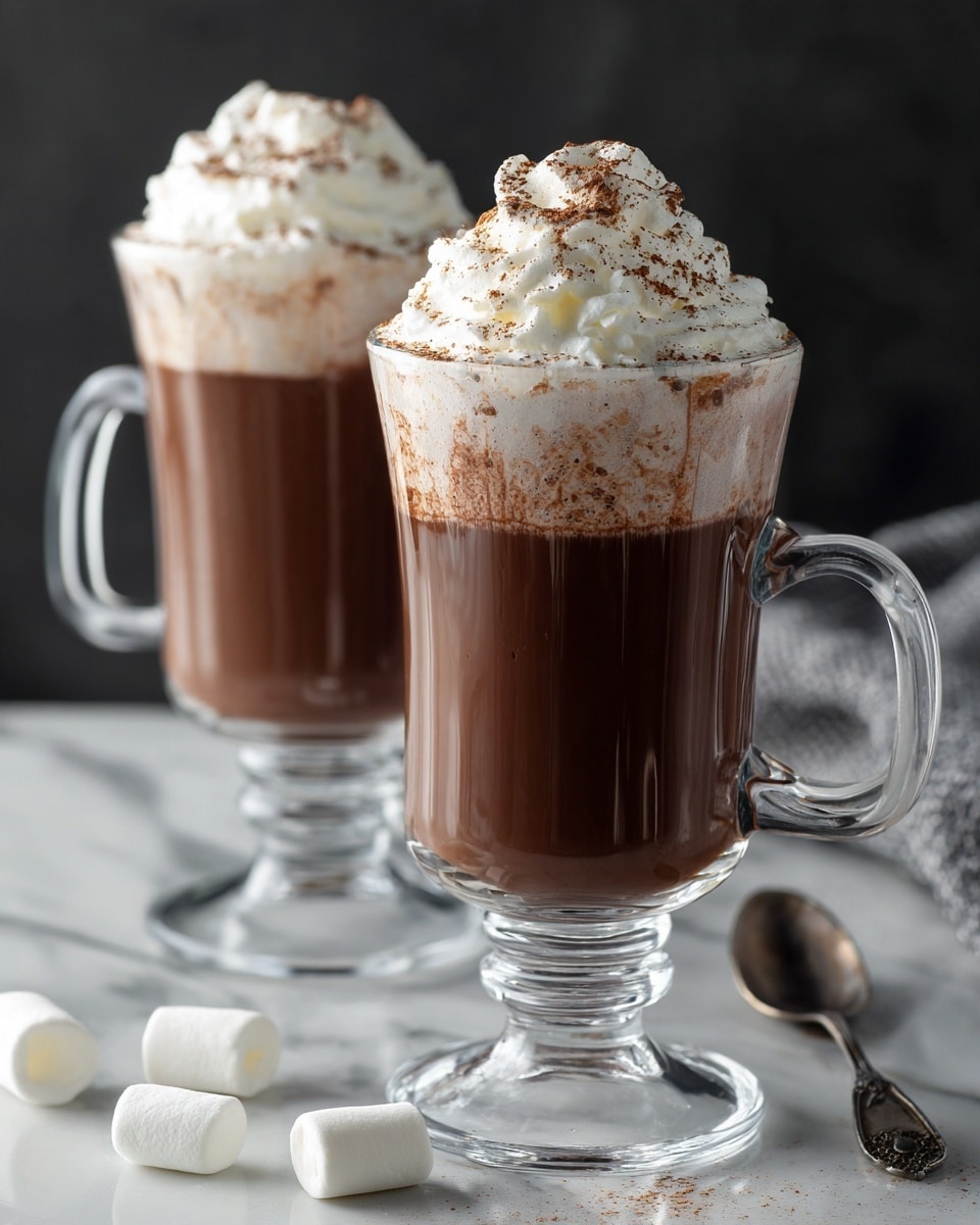 Two clear glass mugs filled almost to the top with rich, light brown hot chocolate sit on a dark surface with a white marbled texture. Each mug has a thick layer of white whipped cream piled high on top, sprinkled lightly with brown cocoa powder. Around the mugs are small white marshmallows scattered on the surface, with a silver spoon lying beside one mug. In the background, a small white bowl contains a heap of cocoa powder. The scene is softly lit with a dark gray blurred backdrop. Photo taken with an iphone --ar 4:5 --v 7