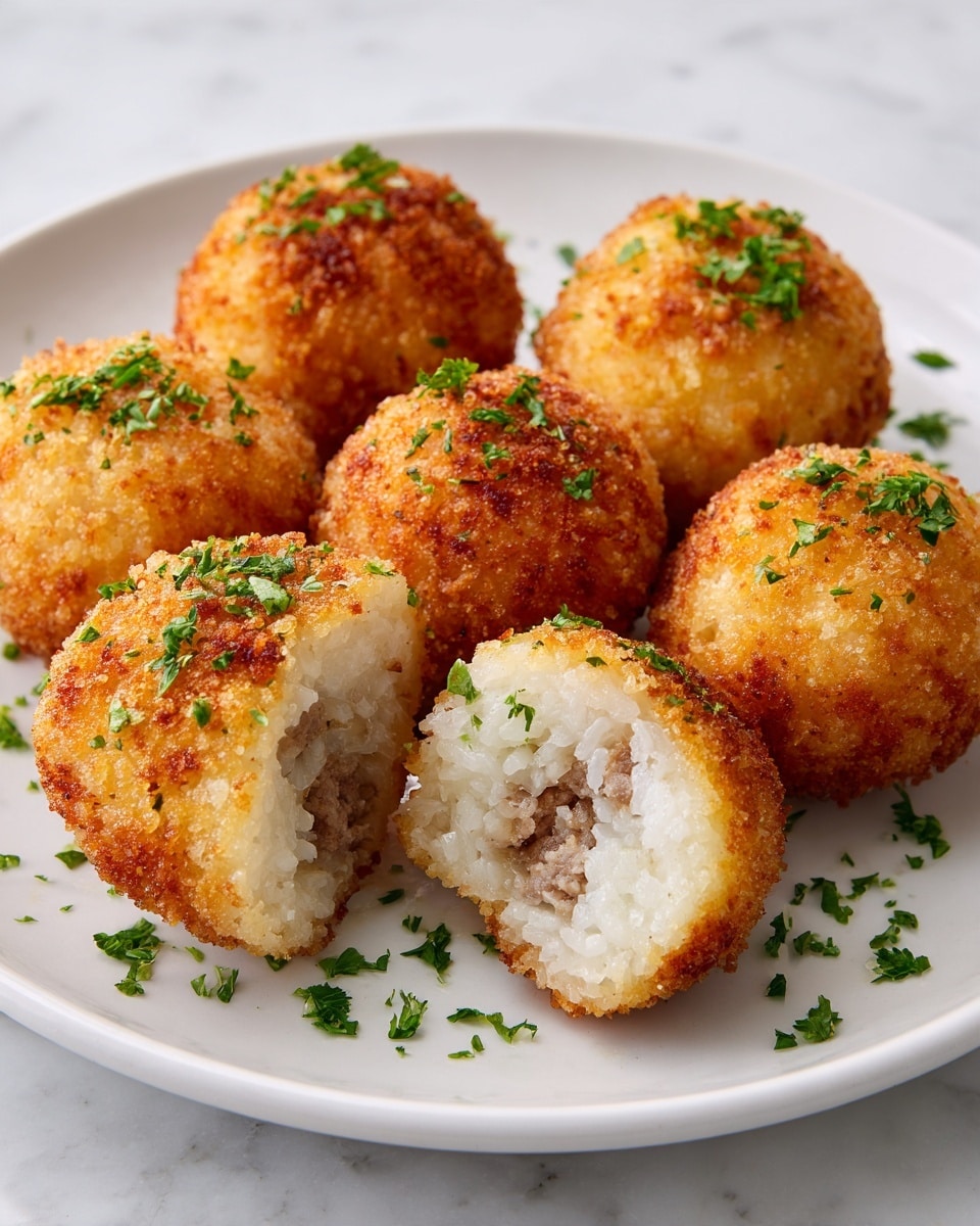 A group of seven round, golden brown fried rice balls is arranged on a white plate. Each rice ball has a crispy, textured outer layer with a mix of light and dark golden spots. One rice ball is open, showing three layers inside: the outer fried golden crust, a middle layer of white sticky rice grains, and a small center filling of finely ground brown meat. Fresh green parsley pieces are sprinkled on and around the rice balls, adding a touch of bright color. The background is a white marbled texture. Photo taken with an iphone --ar 4:5 --v 7