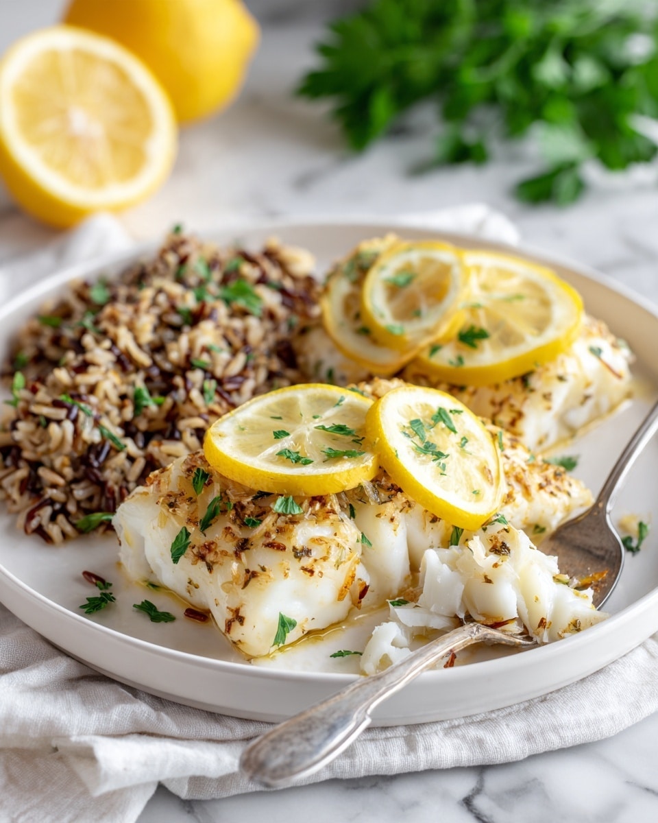 A white round plate sits on a white marbled surface with two pieces of cooked white fish fillets, each topped with a thin slice of yellow lemon and sprinkled with small green parsley leaves. The fillets have a light golden crust and flaky texture, with one piece slightly broken open near a silver fork resting on the plate's right edge. To the left of the fish, there is a serving of mixed brown and wild rice with visible small parsley leaves on top. In the background, there are several fresh lemon halves and green parsley sprigs slightly out of focus. Photo taken with an iphone --ar 4:5 --v 7