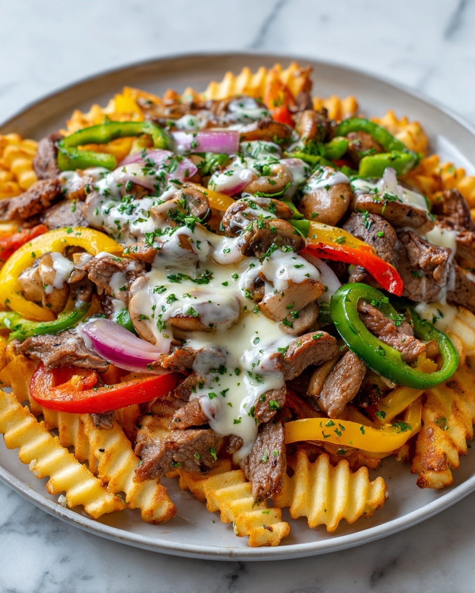 The image shows a dish of crinkle-cut fries as the bottom layer, golden and crispy, spread evenly across a white marbled surface. On top of the fries are strips of brown, cooked beef mixed with sautéed vegetables including green and red bell peppers, sliced mushrooms, and red onion pieces, all cooked to a slightly charred texture. A layer of melted white cheese is drizzled over the meat and vegetables, with chopped green herbs sprinkled on top, adding fresh color and texture. The food is served on a dark tray with the white marbled surface barely visible at the edges. photo taken with an iphone --ar 4:5 --v 7