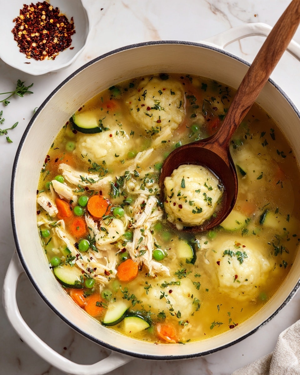 A close-up view of a black pot filled with clear golden broth, floating with four soft, round dumplings that have a light, creamy texture and are sprinkled with small red seasoning bits. There are shredded pieces of pale cooked chicken sitting in the broth along with bright orange carrot slices, thick green zucchini rounds, and small green peas. Fresh green herbs are finely chopped and scattered on top, adding a pop of color. A wooden spoon rests inside the pot on the right, partially submerged in the broth. The pot is on a white marbled surface with a small white bowl holding red chili flakes blurred in the background. Photo taken with an iphone --ar 4:5 --v 7