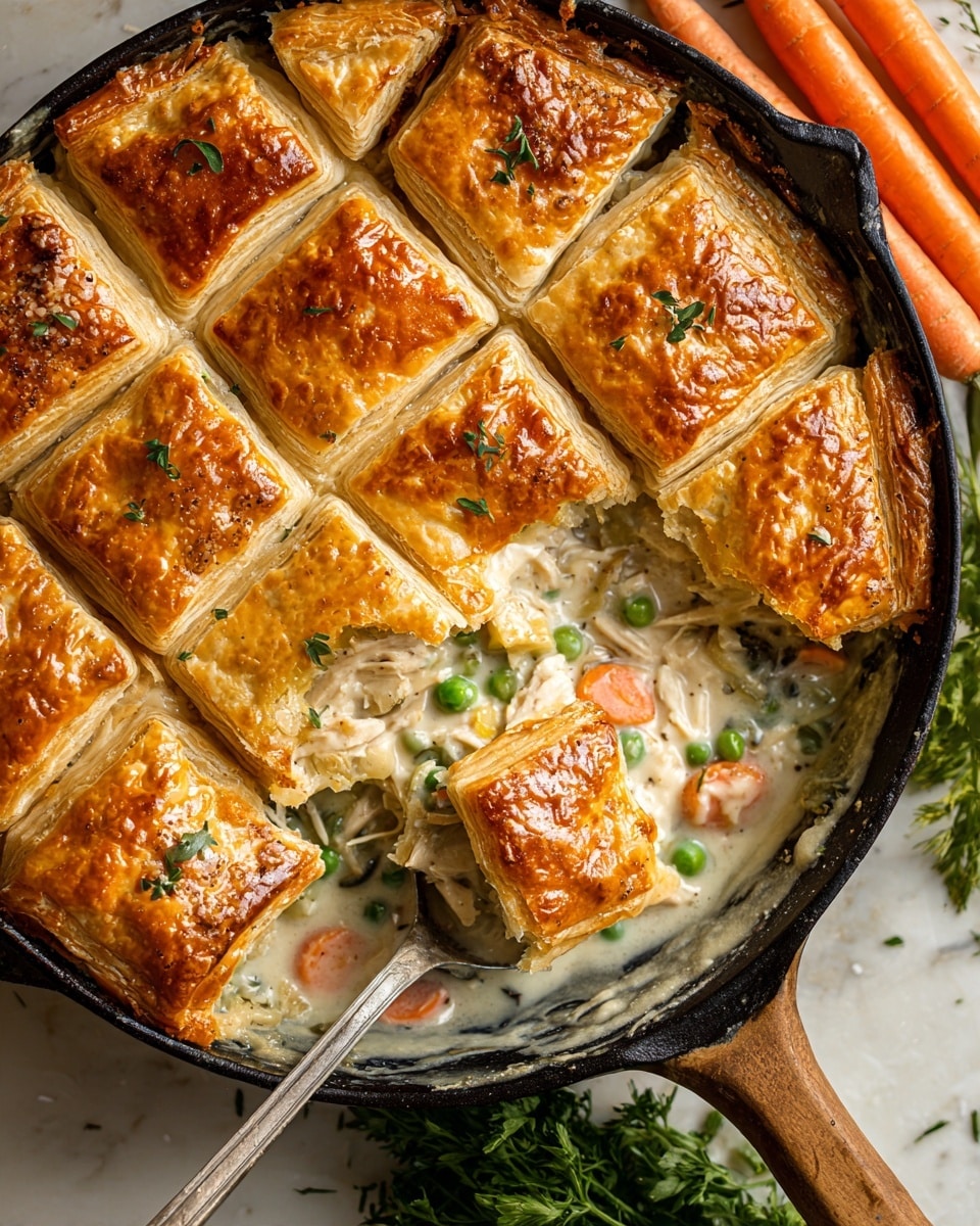 A cast iron pan holds a baked pot pie with a golden-brown, shiny top crust cut into large square sections with a few fresh green herbs scattered on it; one section is removed showing a creamy inside filled with white shredded meat, bright orange carrot slices, green peas, and light green celery pieces, with a silver spoon scooping the filling; the pan is placed on a wooden surface with fresh herbs, whole carrots, and small white bowls of pepper and peas nearby; photo taken with an iphone --ar 4:5 --v 7