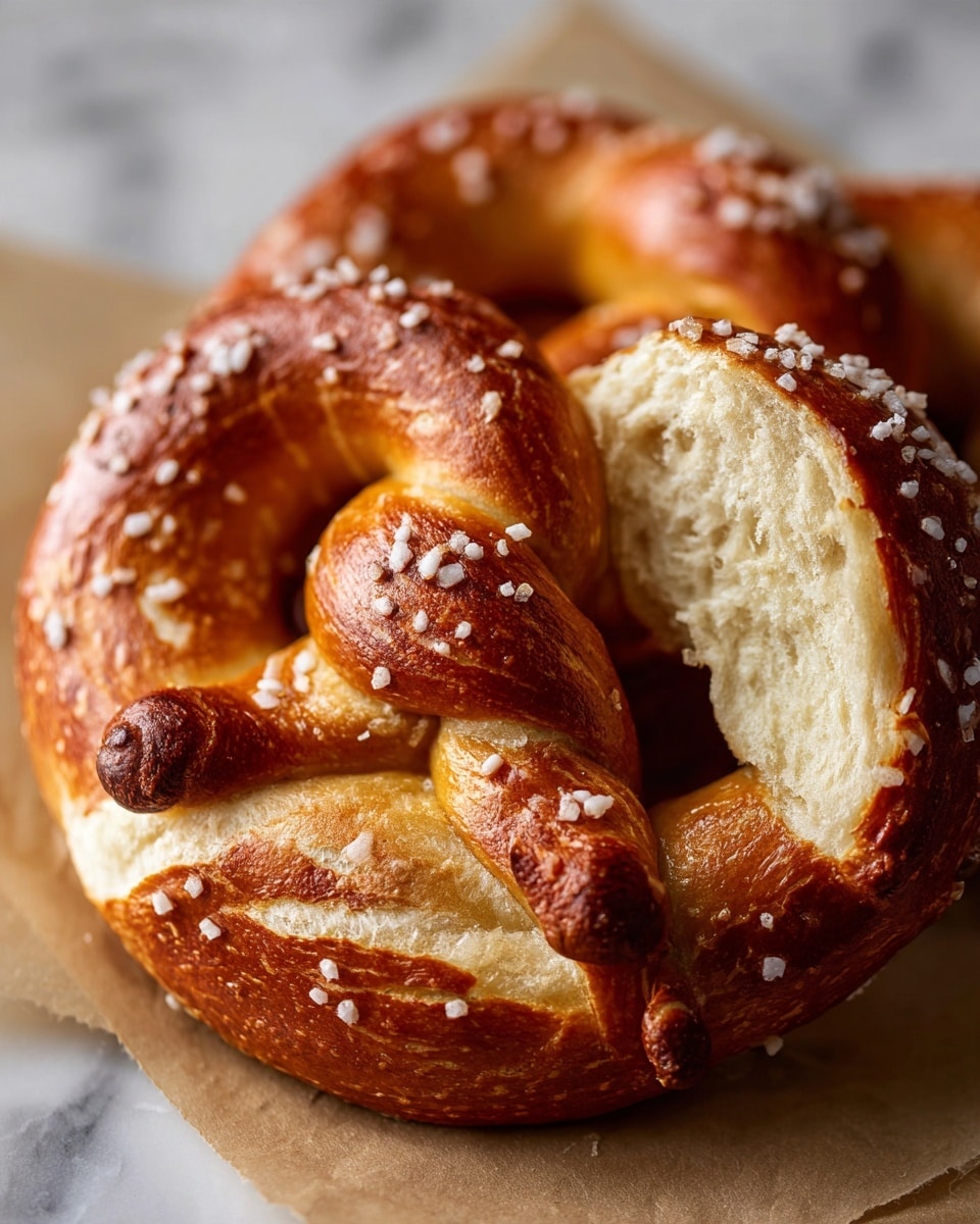 This close-up image shows a soft, golden-brown pretzel with a shiny, slightly crispy crust. The pretzel is sprinkled with large grains of white salt on top. The inside is light and airy with small holes, showing a soft texture inside. The pretzel sits on a brown paper over a white marbled surface. In the background, there are a few more similar pretzels, softly blurred. photo taken with an iphone --ar 4:5 --v 7