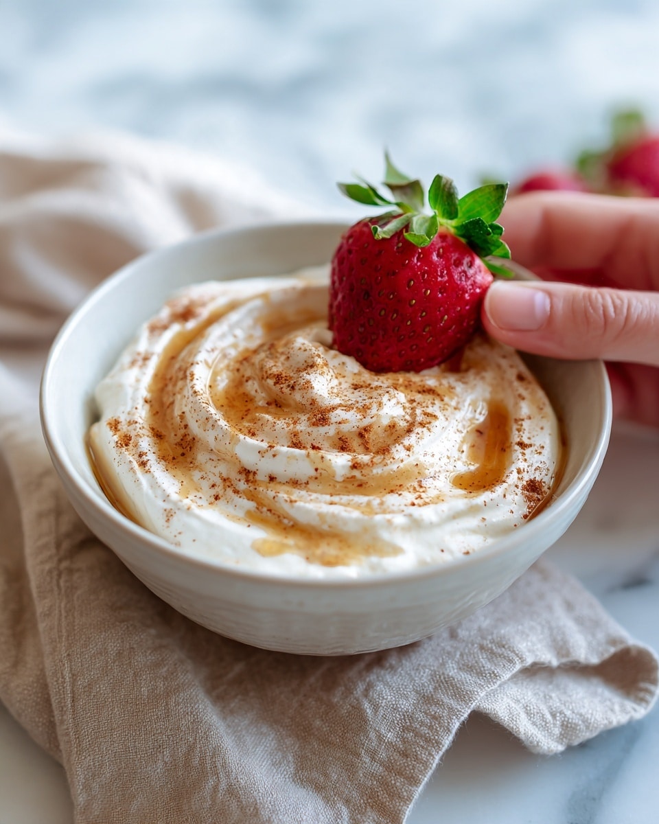 A white bowl filled with a thick layer of creamy, white dip swirled with light brown cinnamon and golden honey drizzled on top, with a vibrant red strawberry held by a woman's hand dipping into the creamy mix, all set on a white marbled surface with blurred out apple slices in the background, photo taken with an iphone --ar 4:5 --v 7