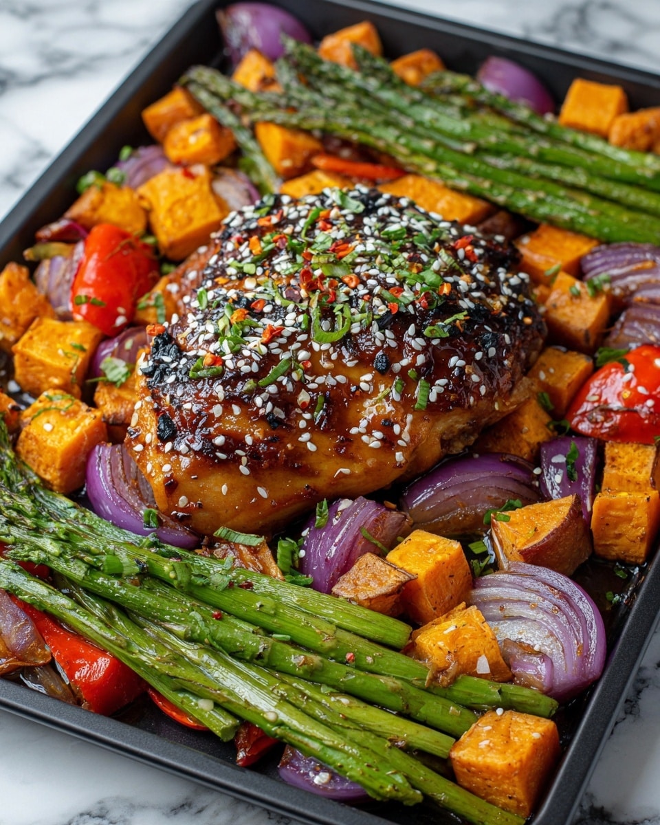 A white tray filled with a cooked dish showing one main piece of golden brown glazed chicken thigh in the center, topped with sesame seeds, red pepper flakes, and small green herb pieces. Around the chicken are bright orange chunks of sweet potato, green beans, red bell pepper pieces, and purple onion chunks, all roasted and mixed together. The vegetables have a slight shiny glaze, and the whole dish rests on a white marbled surface. photo taken with an iphone --ar 4:5 --v 7