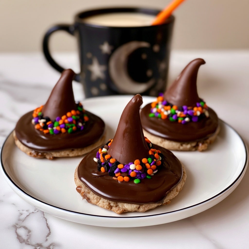 Three small round cookies are on a white plate with a thin black rim; each cookie has a base layer of light brown cookie, topped with a thick layer of smooth dark chocolate, then a single pointed chocolate piece shaped like a witch's hat placed in the center of each cookie, decorated with small colorful sprinkles in orange, green, purple, white, and black around the base of the chocolate hat. The plate is set on a white marbled surface, and in the background, there is a black mug shaped like a cauldron with the words