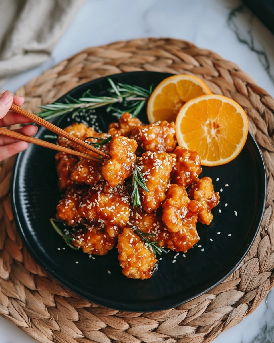 A black plate holds a pile of golden brown bite-sized pieces covered in a shiny orange glaze and sprinkled with white sesame seeds. Two bright orange slices rest on the top right edge of the plate. A pair of wooden chopsticks held by a woman's hand picks up one piece near the center of the image. The plate sits on a white marbled surface. photo taken with an iphone --ar 4:5 --v 7