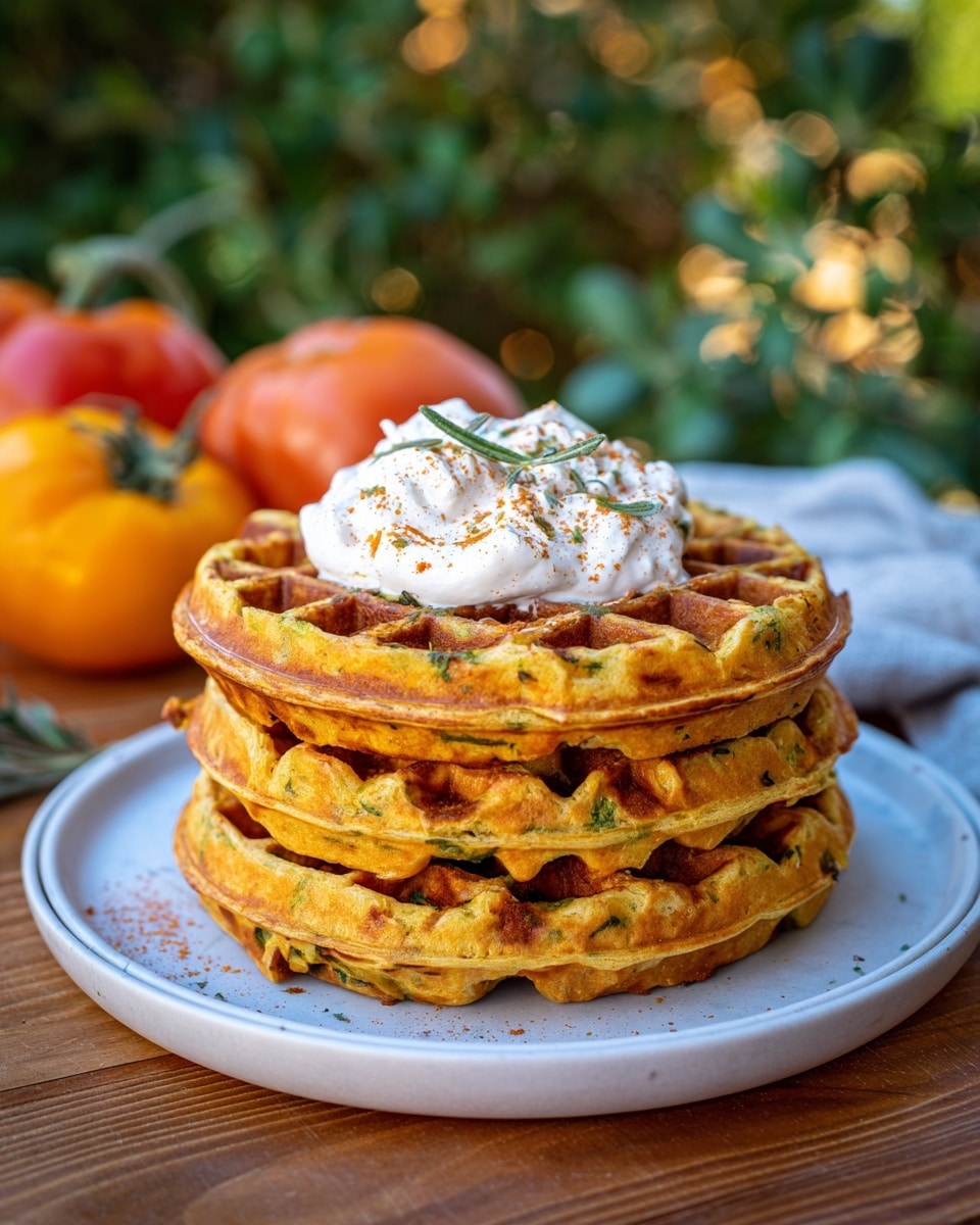 A stack of three golden brown waffles with a crispy texture is placed in the center of a white plate on a white marbled surface. On top of the waffles is a dollop of white sour cream sprinkled with light red paprika. The waffles show hints of green inside, possibly from zucchini or herbs, and have a slightly uneven, homemade look. In the background, out of focus, there are two tomatoes, one red and one yellow, adding a fresh and colorful touch to the scene, with some green leaves nearby. The photo taken with an iphone --ar 4:5 --v 7
