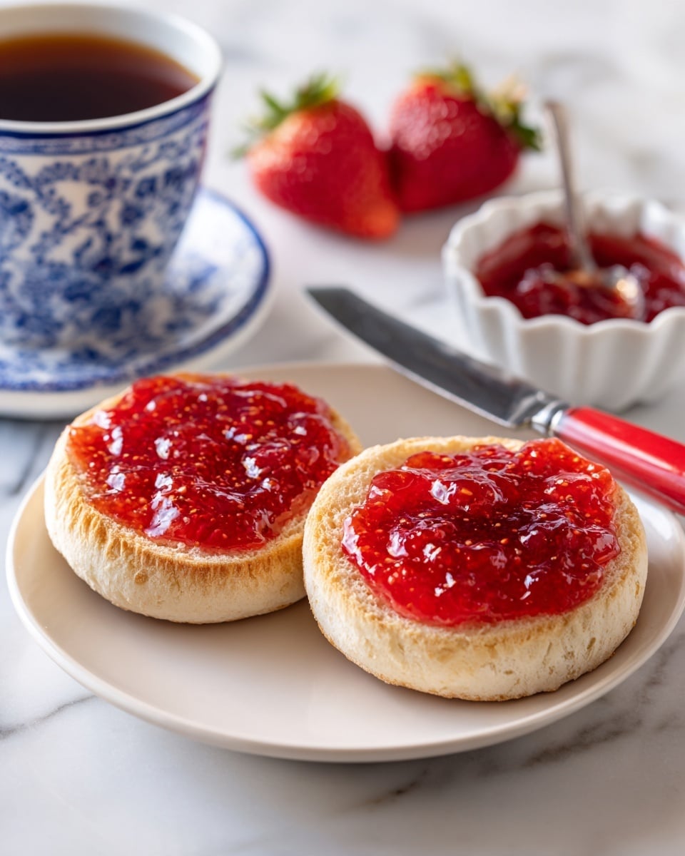 On a white plate, there are two halves of a toasted English muffin, each topped with a thick layer of shiny, bright red strawberry jam that has visible small fruit pieces. In the background on a white marbled surface, there is a white bowl with more red strawberry jam. Nearby, three fresh strawberries and a butter knife with a white handle rest on a light grey cloth. To the left, a blue and white patterned cup filled with dark liquid is partially visible. Photo taken with an iphone --ar 4:5 --v 7