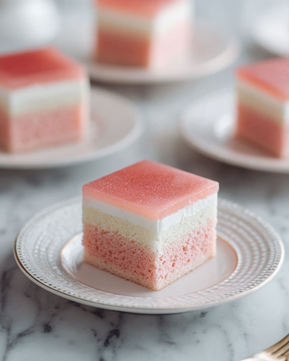 A square piece of pink cake sits on a white plate with small raised dots near the edge. The cake has two layers: a thick, airy pink bottom layer with small holes visible in the texture, topped by a thin, smooth layer of pale pink icing above a thin white cream layer. The white marbled surface beneath the plate adds a clean backdrop. In the background, two more similar cake squares on white plates are slightly out of focus, along with a fork and a glass of water. Photo taken with an iphone --ar 4:5 --v 7