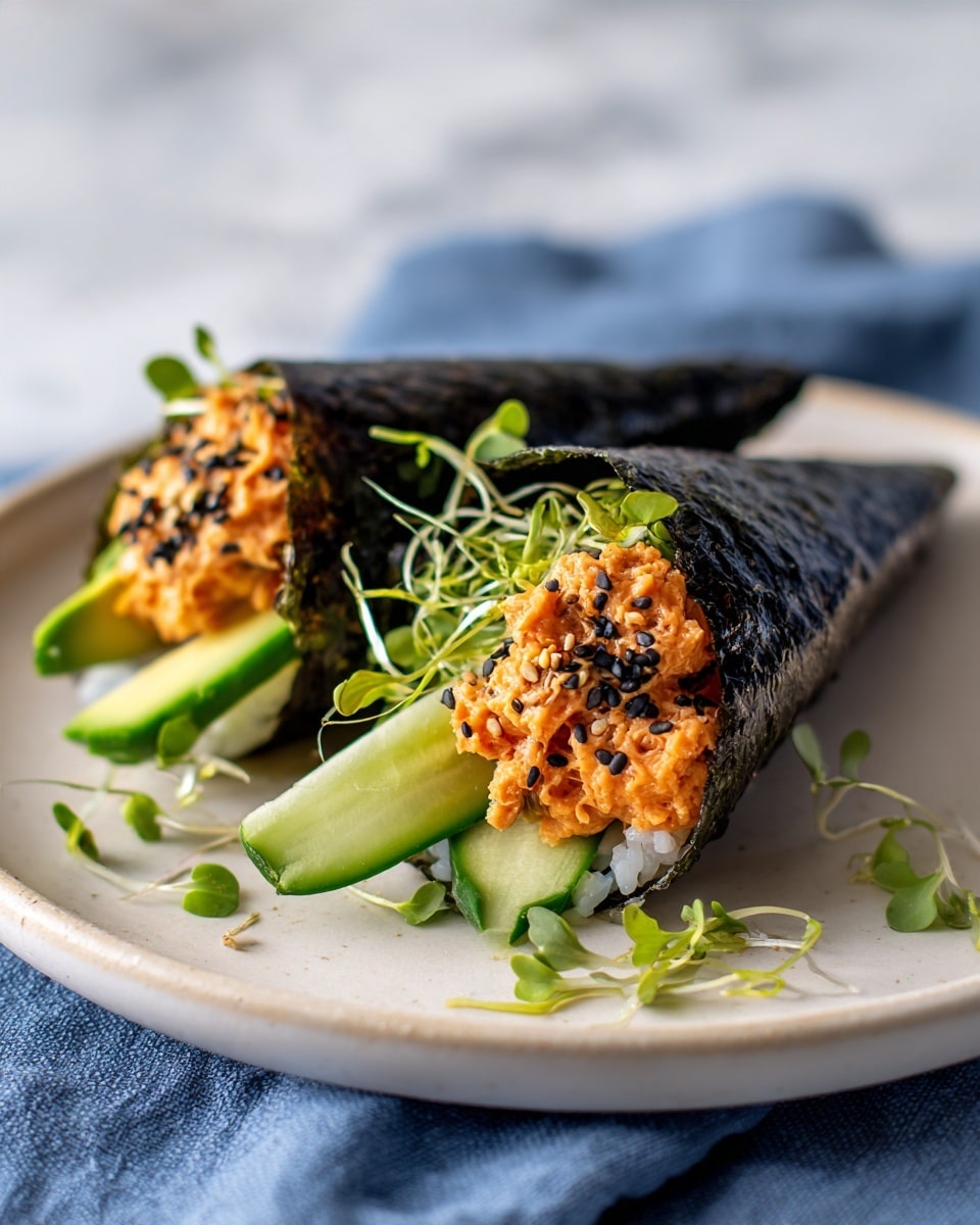 Two hand rolls sit on a white plate over a white marbled surface with a blue cloth nearby. Each roll has a dark green seaweed cone wrapping inside white rice. On top of the rice is a bright orange layer of creamy, diced fish mixed with black sesame seeds. Below the orange fish layer are fresh green avocado slices and light green sprouts that add texture and color to the rolls. photo taken with an iphone --ar 4:5 --v 7