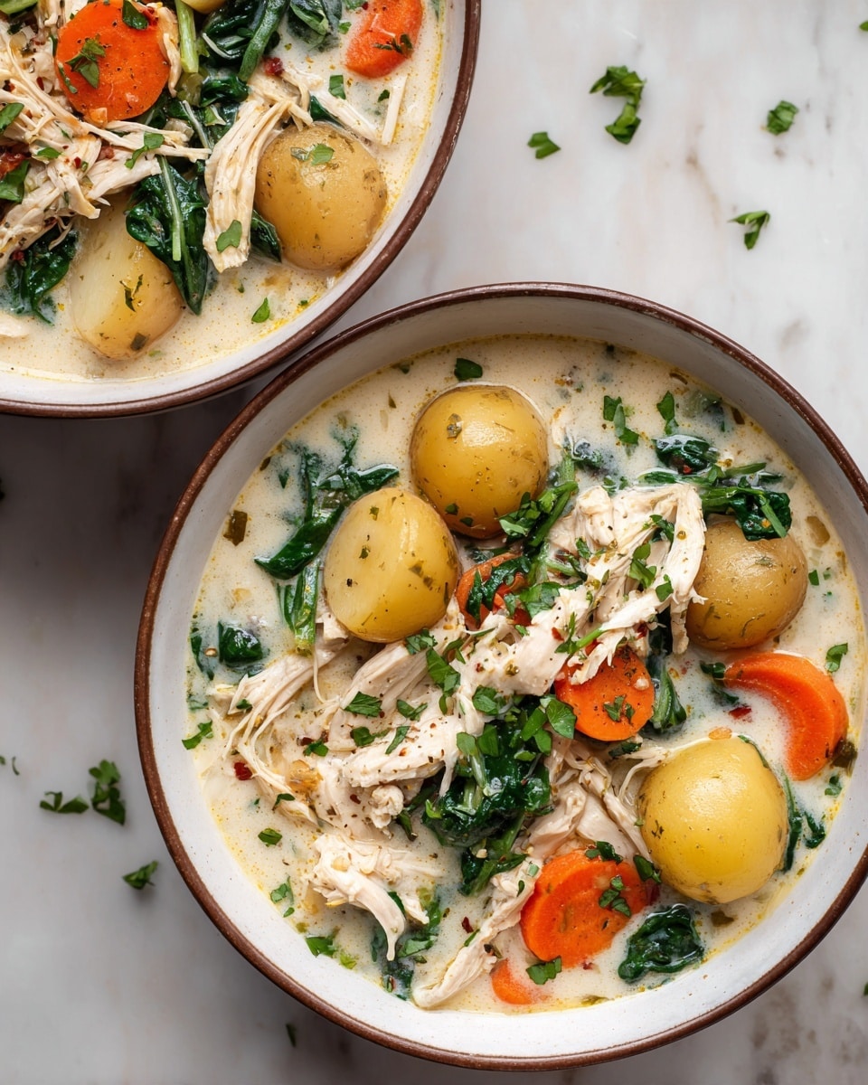 Two white bowls filled with creamy soup are placed on a white marbled surface. Each bowl contains soft yellow gnocchi floating in a light creamy broth as the base layer. On top of the gnocchi, there are bright orange carrot slices and green spinach leaves adding color and texture. Shredded pale chicken pieces rest in the center of the bowls, surrounded evenly by the vegetables. The dish is finished with small pieces of chopped fresh green herbs scattered on top, creating a fresh, vibrant look. The photo taken with an iphone --ar 4:5 --v 7