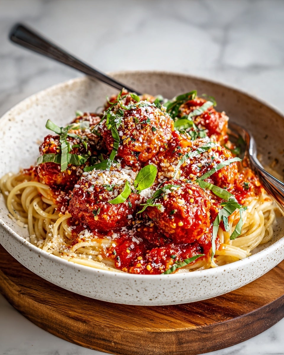 A white bowl filled with a base layer of light beige spaghetti noodles, topped with several medium-sized round meatballs covered in bright red tomato sauce. The meatballs are sprinkled with grated white cheese and small pieces of chopped fresh green basil leaves. There are also some red chili flakes scattered on the sauce and cheese. Two metal forks are placed on the right side inside the bowl, slightly inserted into the noodles. The bowl is set on a wooden board, with white bowls around holding grated cheese, fresh green basil leaves, and more red chili flakes, all on a white marbled surface. Photo taken with an iphone --ar 4:5 --v 7